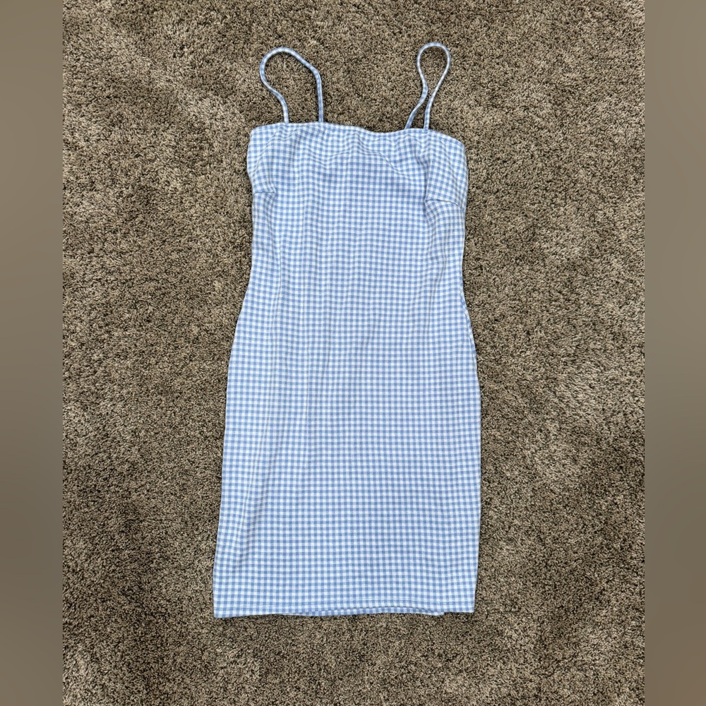 Baby blue and white checkered mini dress